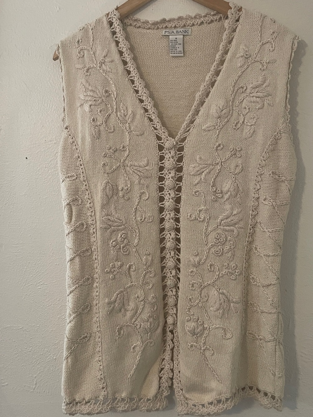 Jos A Bank Vintage Cream Ramie Cotton Embroidered Crochet Button Vest Medium